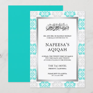 Turkos Blommig Damaskus Islamisk Aqiqah-ceremoni Inbjudningar