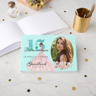 Turkos Blommig & Foto Quinceañera Personlig Gästböcker