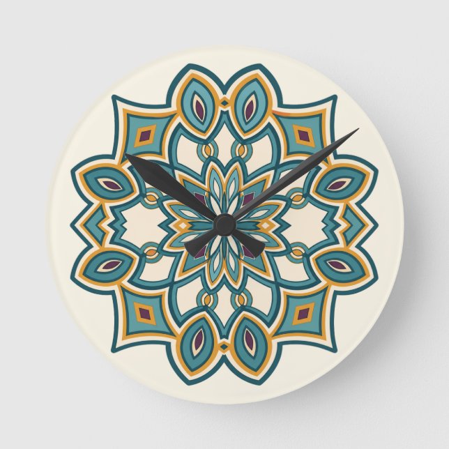 Turkos Blommig Mandala  Rund Klocka (Framsida)