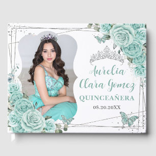 Turkos Blommiga Fjärilar QUINCEAÑERA 16 Foto Gästböcker