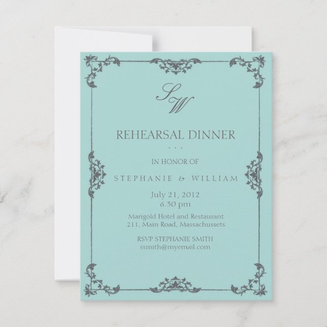 Turkos Blommigt Monogram Rehearsal Dinner Card Inbjudningar (Framsida)
