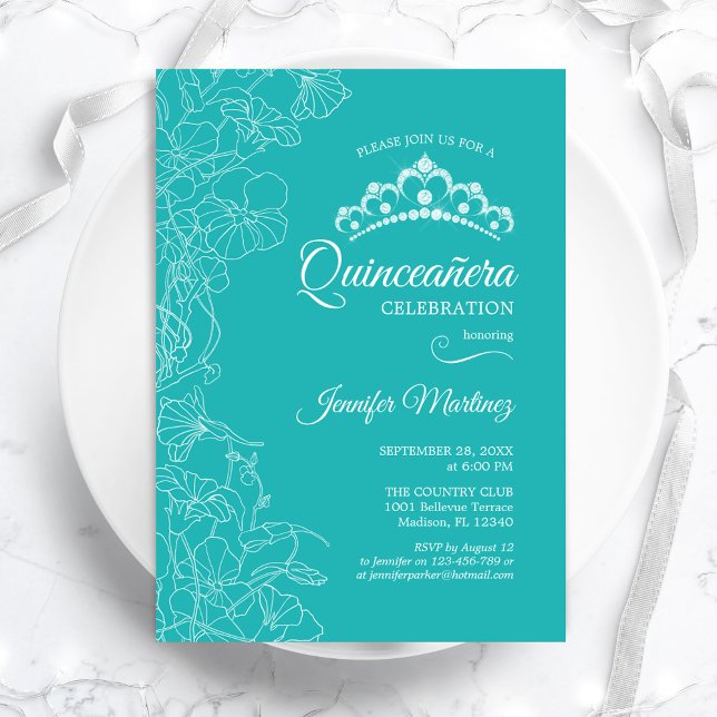 Turkos Blommigt Quinceanera Party Inbjudningar (Skapare uppladdad)