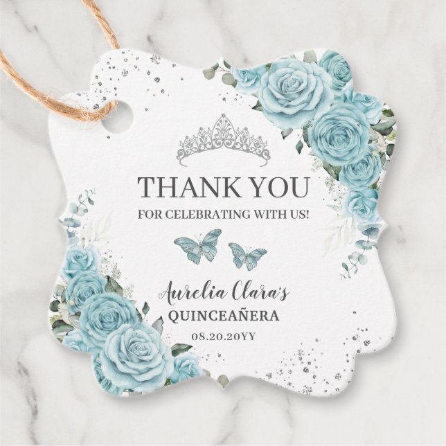 Turkos Blommigt Quinceanera Sweet 16 Butterflies Gåvor Etiketter (Framsida)