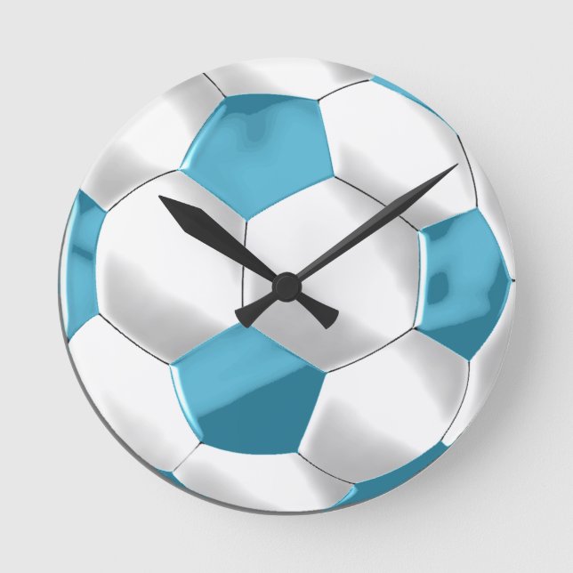 Turkos Blue and White Soccer Ball Rund Klocka (Framsida)