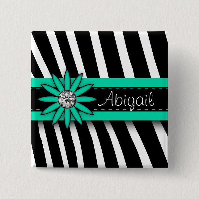 Turkos Blue Blommigt Gem & Zebra mönstrad Knapp (Framsida)