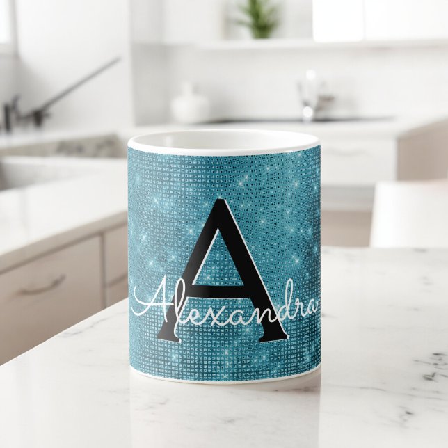 Turkos Blue Gnistra Monogram Namn & Initial Kaffemugg (Skapare uppladdad)