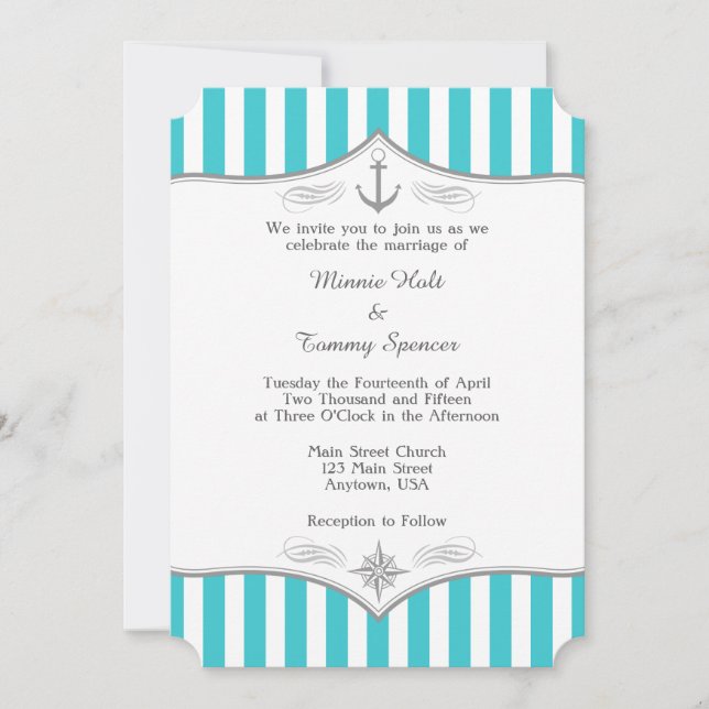 Turkos Blue Grått Nautical Wedding bjudande Inbjudningar (Framsida)