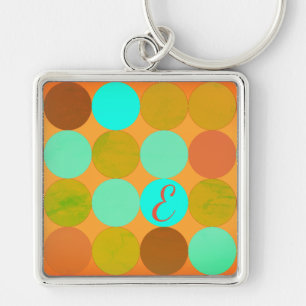Turkos Blue Grönt & Orange Circles Monogram Fyrkantig Silverfärgad Nyckelring