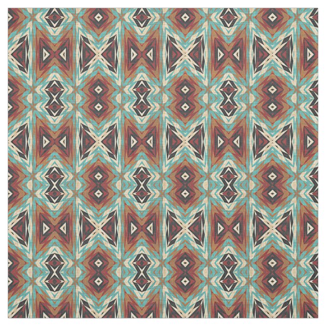 Turkos Blue Grönt Orange Tribal Mosaic Mönster Tyg (Provkarta)