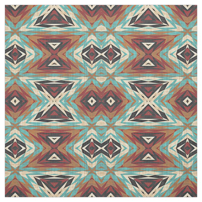 Turkos Blue Grönt Orange Tribal Mosaic Mönster Tyg (Provkarta)