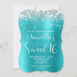 Turkos Blue Luxurious Sweet 16 silver Glitter Inbjudningar