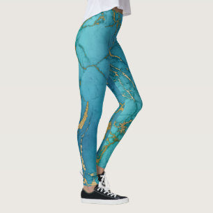 Turkos Blue Marble Guld Metallic Stone Leggings