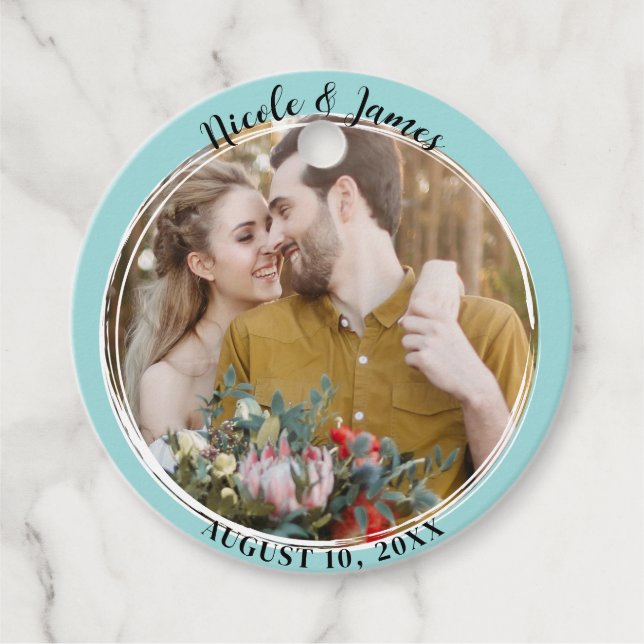 Turkos Blue Minimal Trendig Round Photo Bröllop Gåvor Etiketter (Framsida)