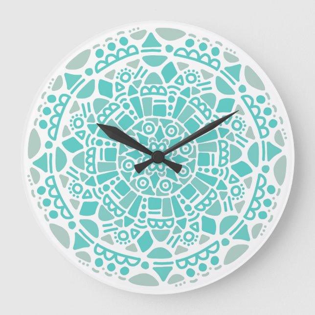 Turkos Blue Mosaic Fresh White Boho Mandala Stor Klocka (Framsida)