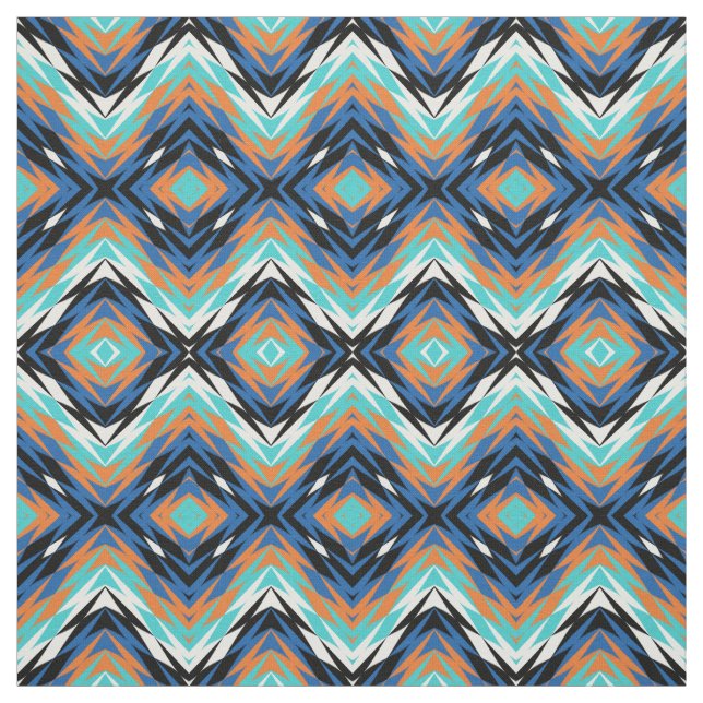 Turkos Blue Orange Black Aztec Mosaic Mönster Tyg (Provkarta)
