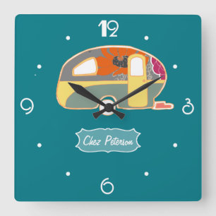 Turkos Blue Retro Vintage Caravan Design Fyrkantig Klocka