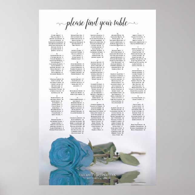 Turkos Blue Ro Alfabetisk sittningsschema Poster (Framsidan)