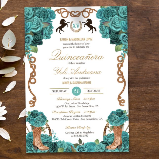 Turkos Blue Ro Western Charro Quinceanera Inbjudningar (Skapare uppladdad)