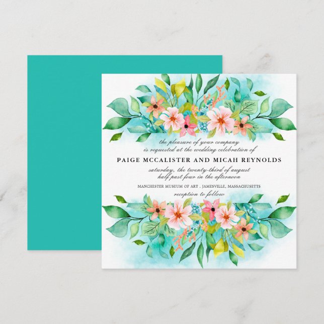 Turkos Blue Rosa Blommigt Botanical Bröllop Inbjudningar (Fram/baksida)