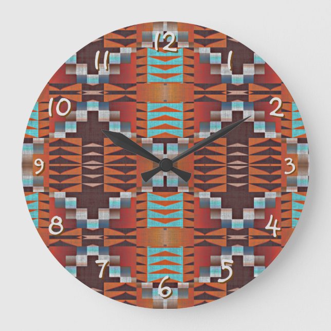 Turkos Blue Rust Orange Red Brown Tribal Art Stor Klocka (Framsida)