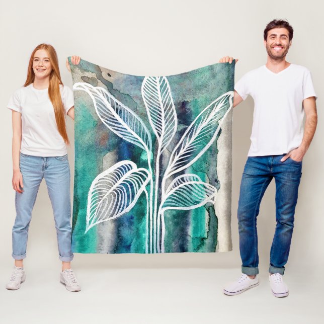 Turkos Blue & Teal Modern botaniskt vattenfärgen Fleecefilt (På plats)