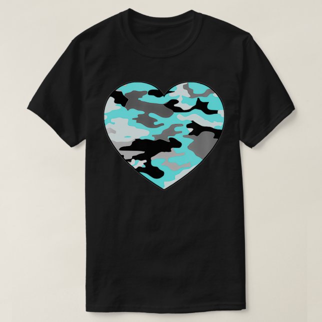 Turkos Blue White Grått Camo Heart T Shirt (Design framsida)