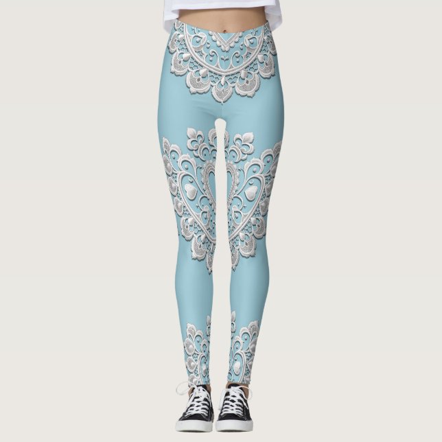 Turkos Blue White Snöre Heart Bröllop Möhippa Leggings (Framsida)