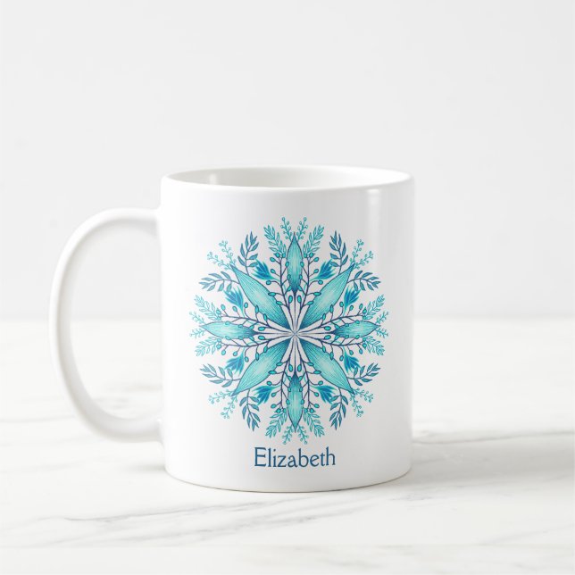 Turkos Blue Winter Snowflake Flower Namn Kaffemugg (Vänster)