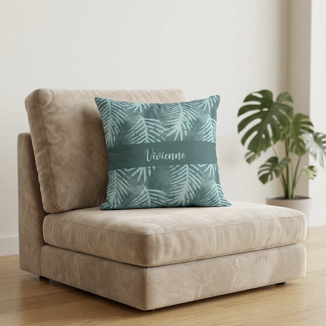 Turkos Boho Akvarell Tropisk Blad Monogram Namn Kudde (Teal Boho Watercolor Tropical Leaf Monogram Name Throw Pillow)