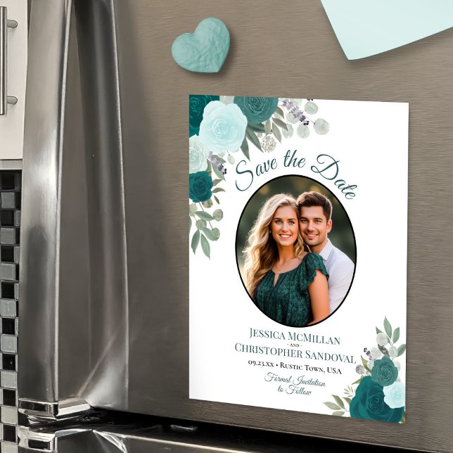 Turkos Boho Blommig & Foto Bröllop Spara Datum Magnetisk Inbjudningskort (Magnetic Card for Easy Display!)