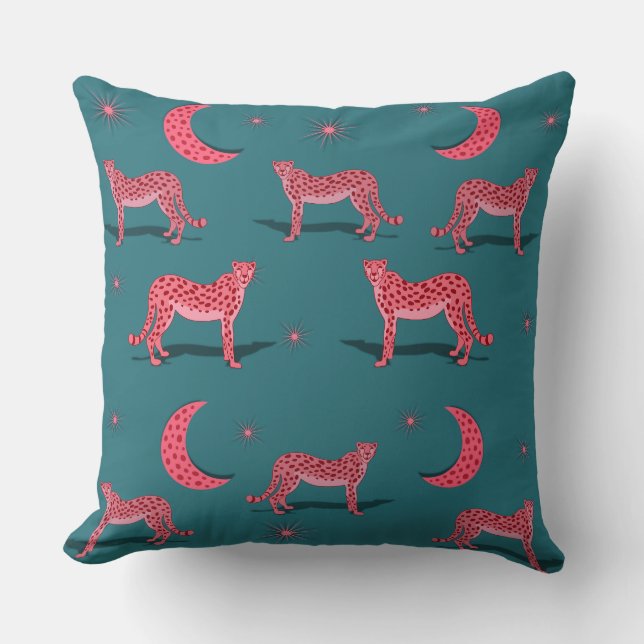 Turkos Boho Gepard och Rosa Måne  Kudde (Framsida)