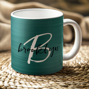 Turkos Borstad Metall Svart Vitt Skript Monogram Kaffemugg