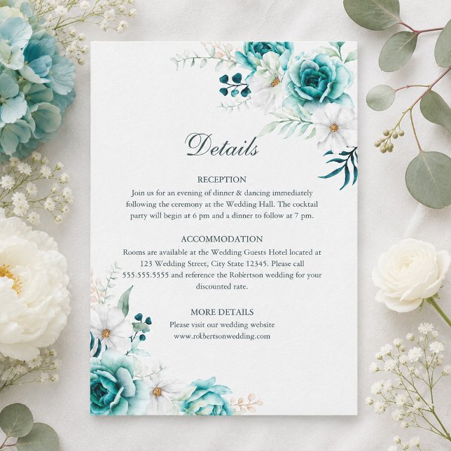 Turkos Botanisk Bröllopsdetaljkort Inbjudningar (Teal Botanical Wedding Details Card)