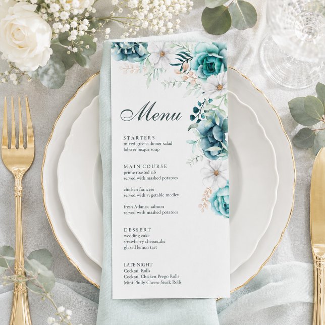 Turkos Botanisk Bröllopsmeny Kort (Teal Botanical Wedding Menu Card)