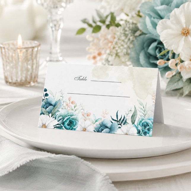 Turkos Botanisk Bröllopsplatskort Placeringskort (Teal Botanical Wedding Place Card)