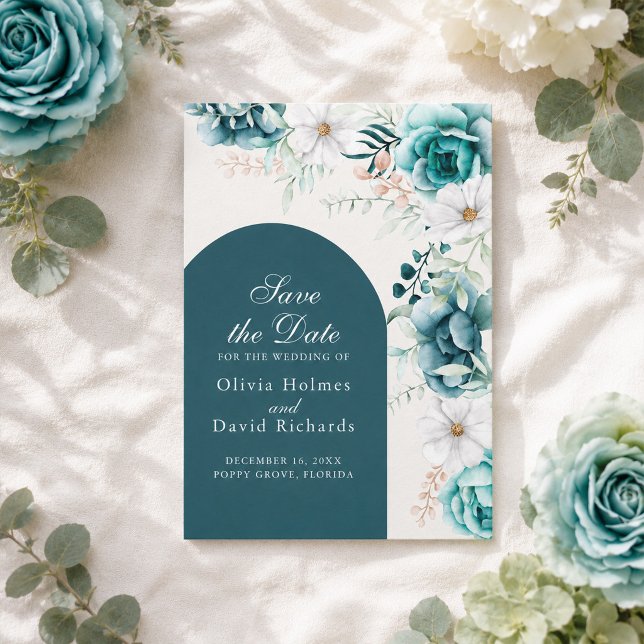 Turkos Botanisk Förhandsinbjudan | Boho Stil Spara Datumet (Teal Botanical Save the Date | Boho Style)