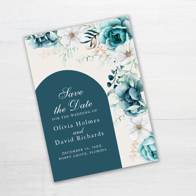 Turkos Botanisk Förhandsinbjudan | Boho Stil Spara Datumet (Teal and Turquoise Save the Date Card on gray table)