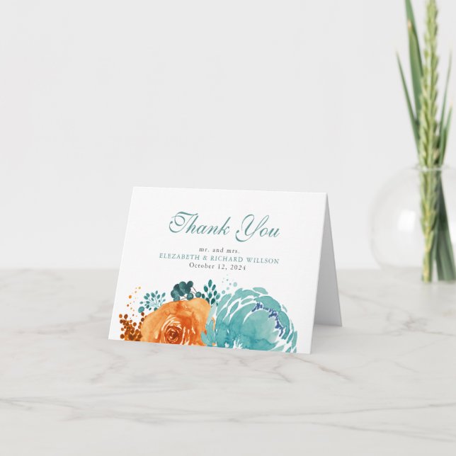 Turkos Bränd Orange Höst Blommig Tacksamhet Tack Kort (Framsida)