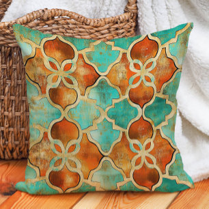 Turkos Bränd Orange Marockansk Kakel Boho Kudde
