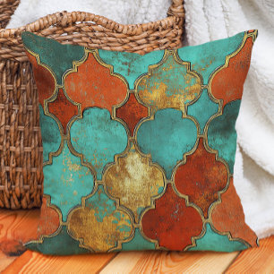 Turkos Bränd Orange Marockansk Quatrefoil Kudde