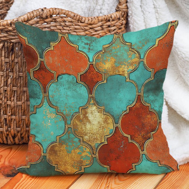 Turkos Bränd Orange Marockansk Quatrefoil Kudde (Turquoise and burnt orange pillow)