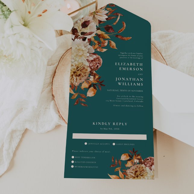 Turkos bröllopsinbjudan allt-i-ett (Fall Teal Terracotta Floral  Wedding All In One Invitation by Painted Paperie)