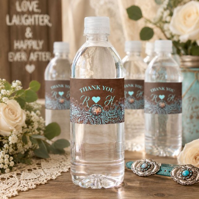 turkos brun cowboy country western bröllop vattenflaskor etikett (turquoise brown cowboy country western wedding water bottle label)