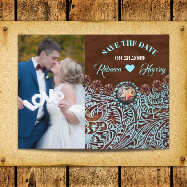 turkos brun västerländsk bröllopsinbjudan save the meddelande vykort (turquoise brown western wedding save the date announcement postcard)