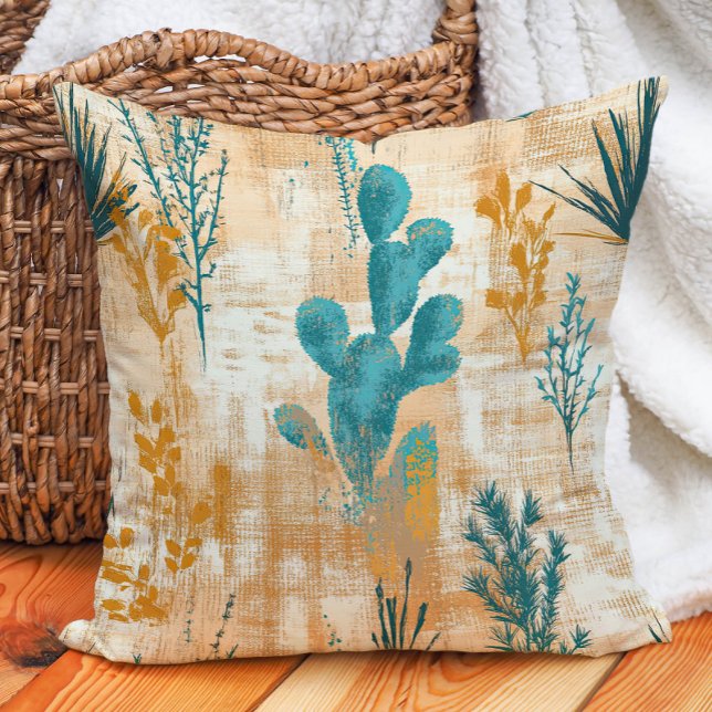 Turkos Brunrustik Farmhus Ökenkaktus Kudde (Teal Taupe Rustic Farmhouse Desert Cactus Throw Pillow)