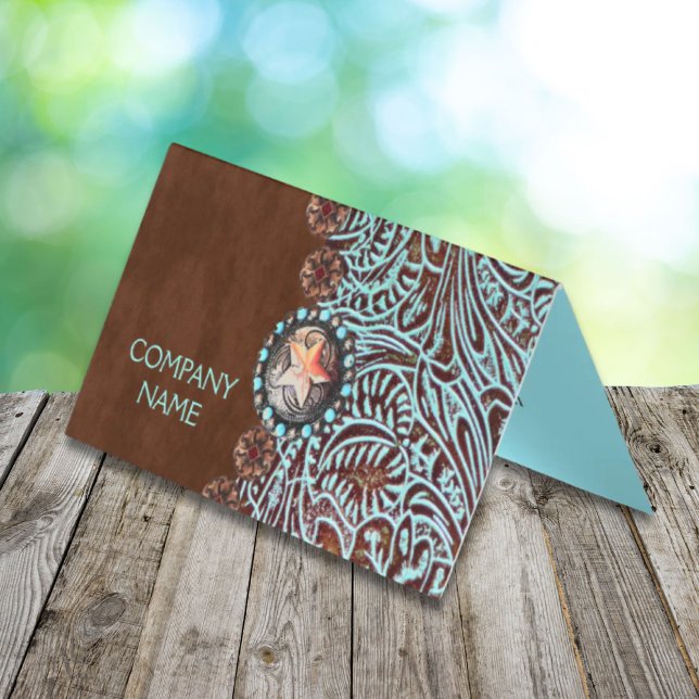 turkos, brunt westernt land, verktygsläder kort (turquoise brown western country tooled leather)