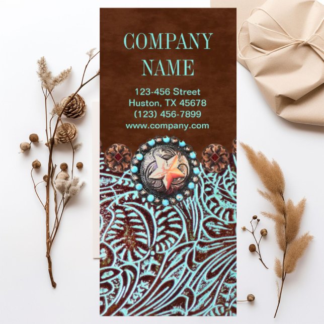 turkos, brunt westernt land, verktygsläder reklamkort (turquoise brown western country tooled leather rack card)