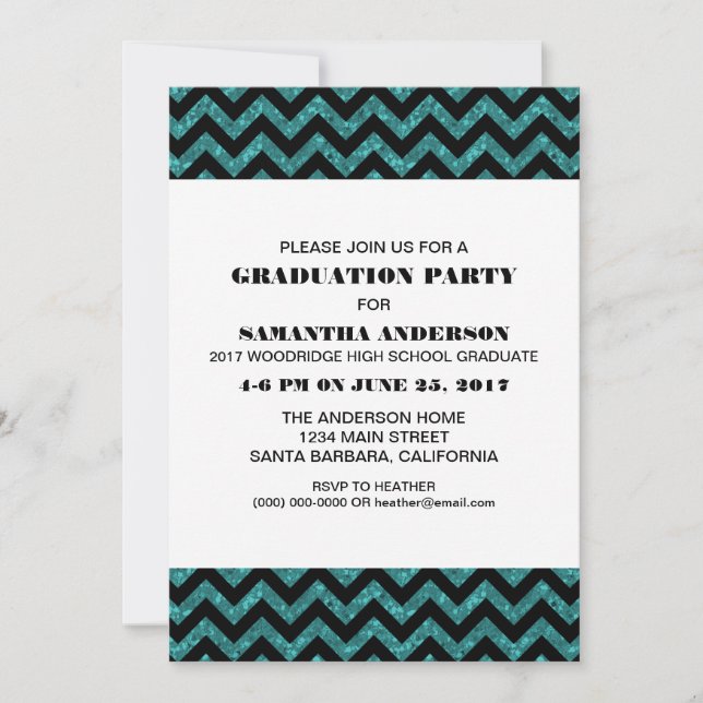 Turkos Chevron Glitter Examen Fests Inbjudan (Framsida)