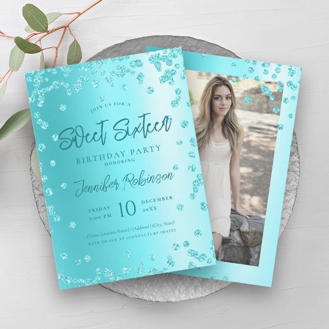 Turkos Chic Glitter Photo Sweet 16 Inbjudningar (Turquoise Chic Glitter Photo Sweet 16 Invitation)