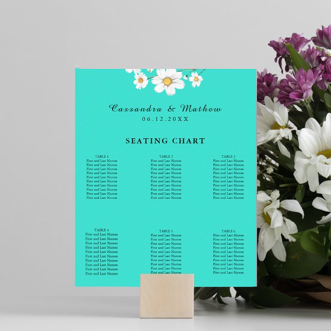 Turkos Daisy Blommigt Bröllop 60 Sittdiagram Poster (Turquoise Daisy Floral Wedding 60 Seating Chart 8x10 size)